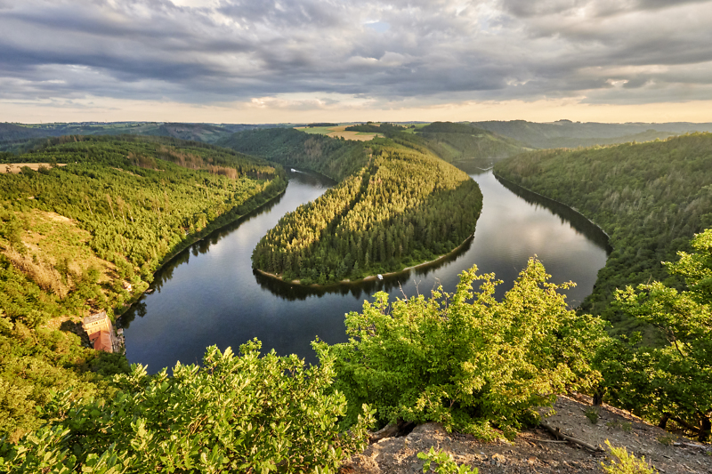 Die Saale windet sich vorbei an bewaldeten Steilh&auml;ngen am Hohenwarte Stausee.
