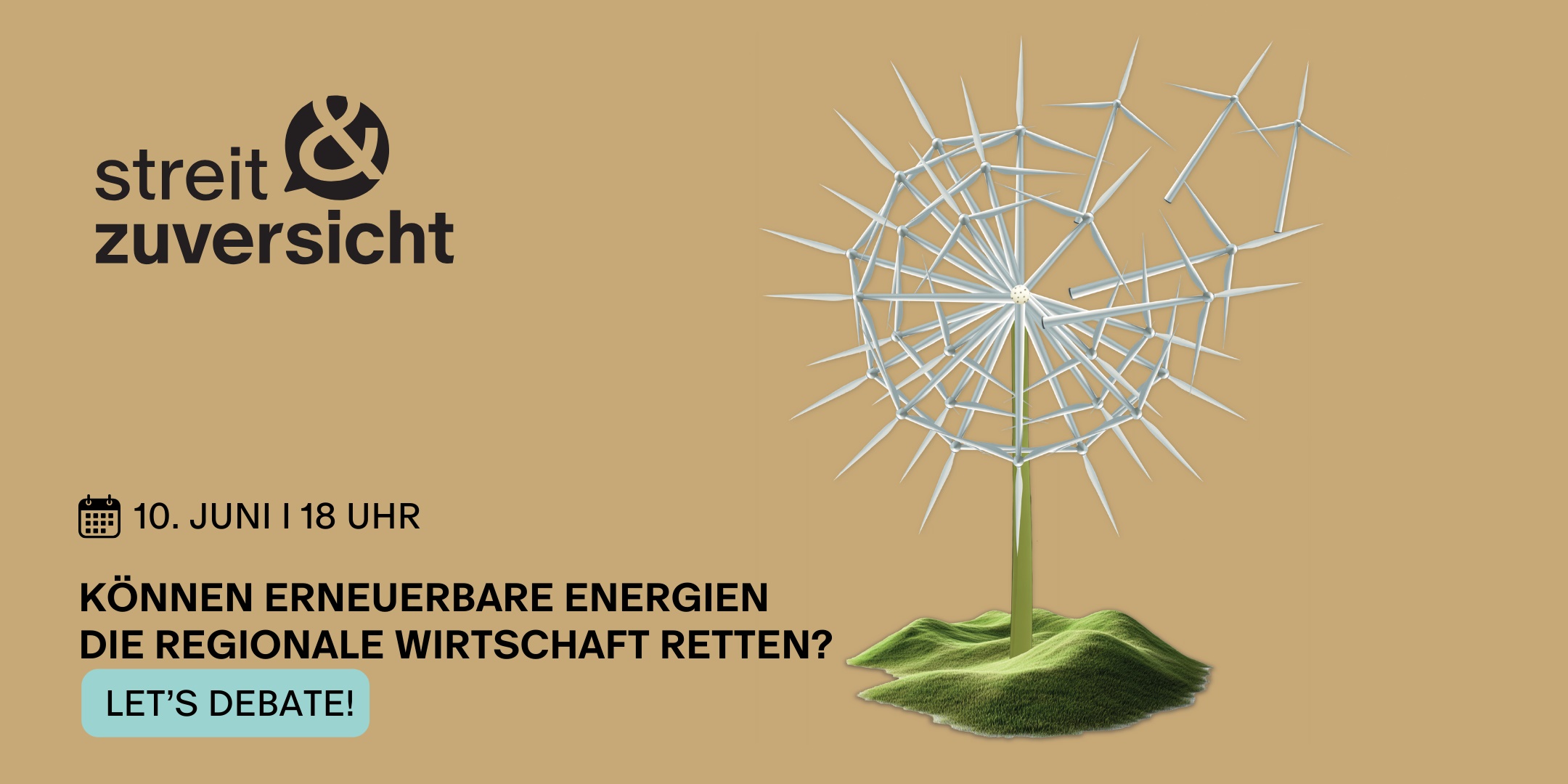 Windrad aus vielen Windrädern zusammengesetzt auf hügeliger grüner Landschaft