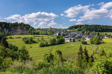 Ein Dorf mit schiefergedeckten D&auml;chern liegt inmitten einer Mittelgebirgslandschaft aus Wiesen und W&auml;ldern.